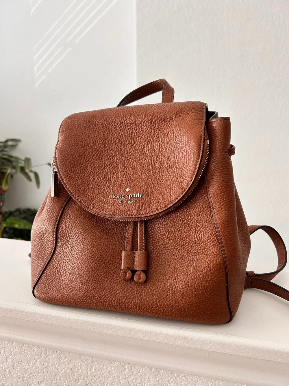 kate spade Pebbled Leather Backpack in Cognac Brown